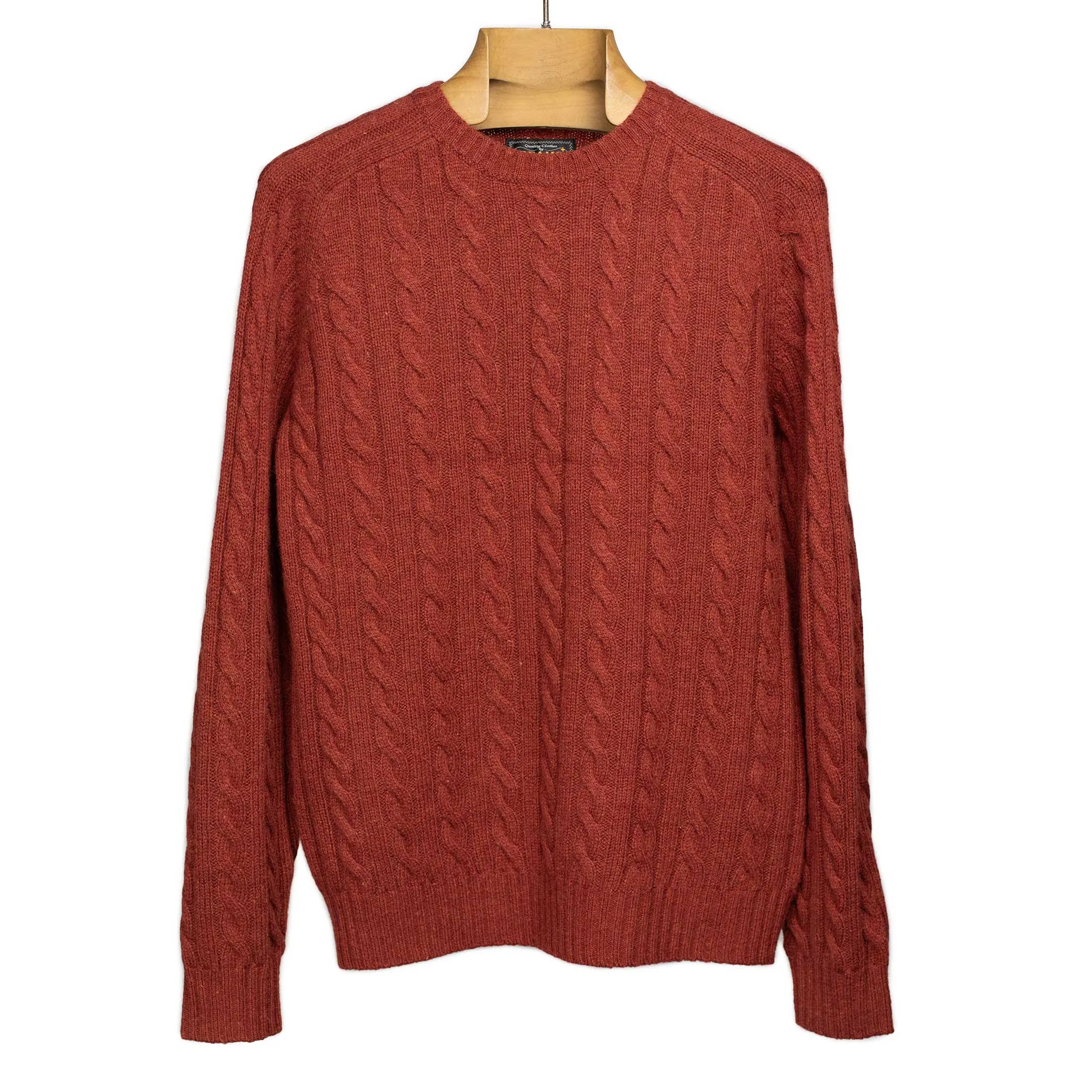 Cable crewneck sweater in brick red wool