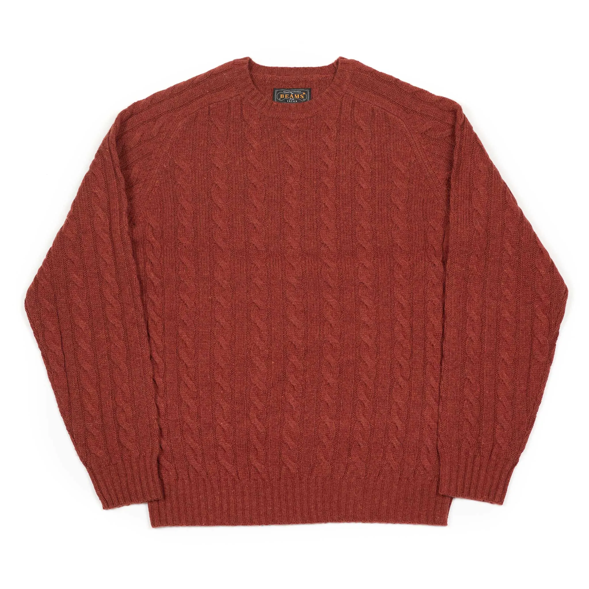Cable crewneck sweater in brick red wool