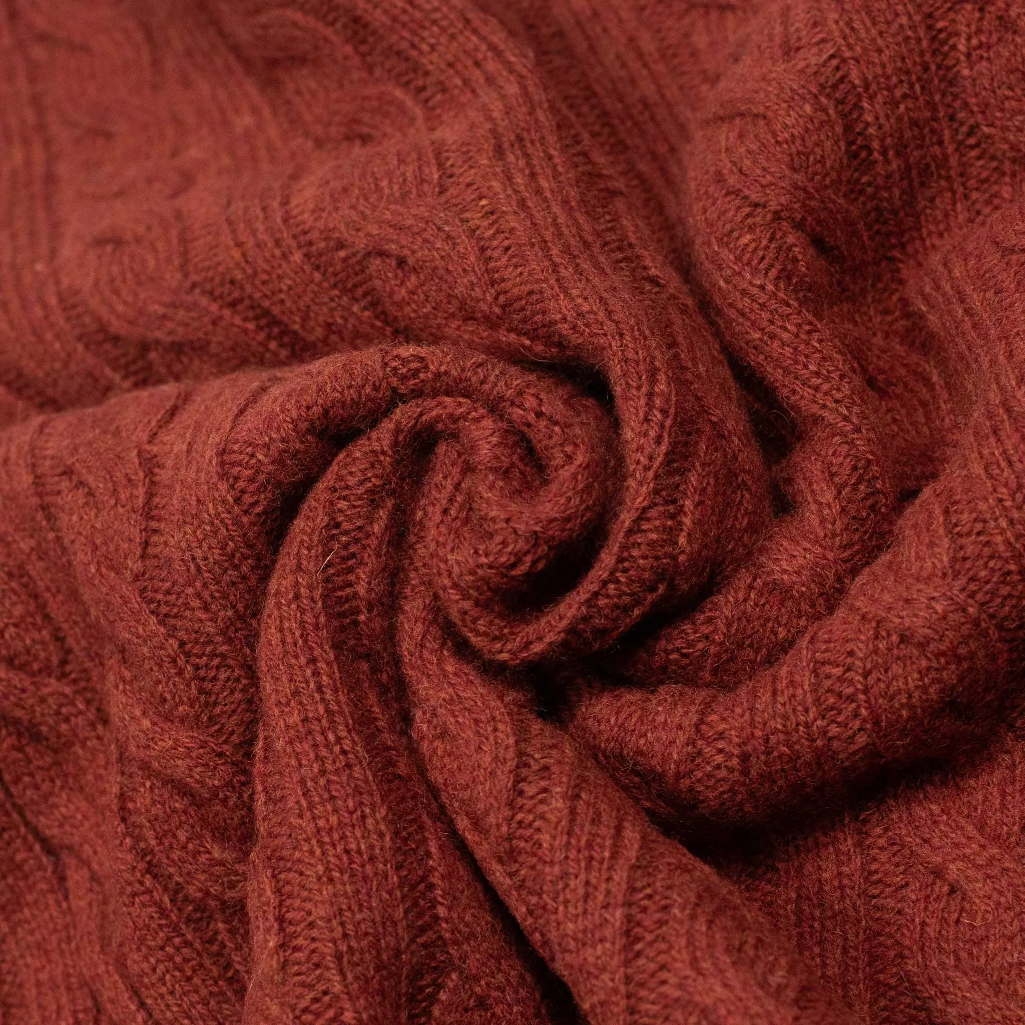 Cable crewneck sweater in brick red wool
