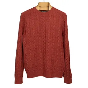 Cable crewneck sweater in brick red wool