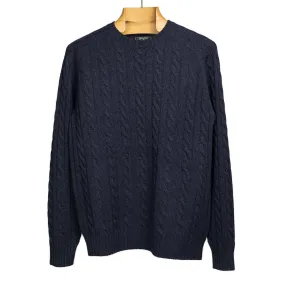 Cable crewneck sweater in navy wool