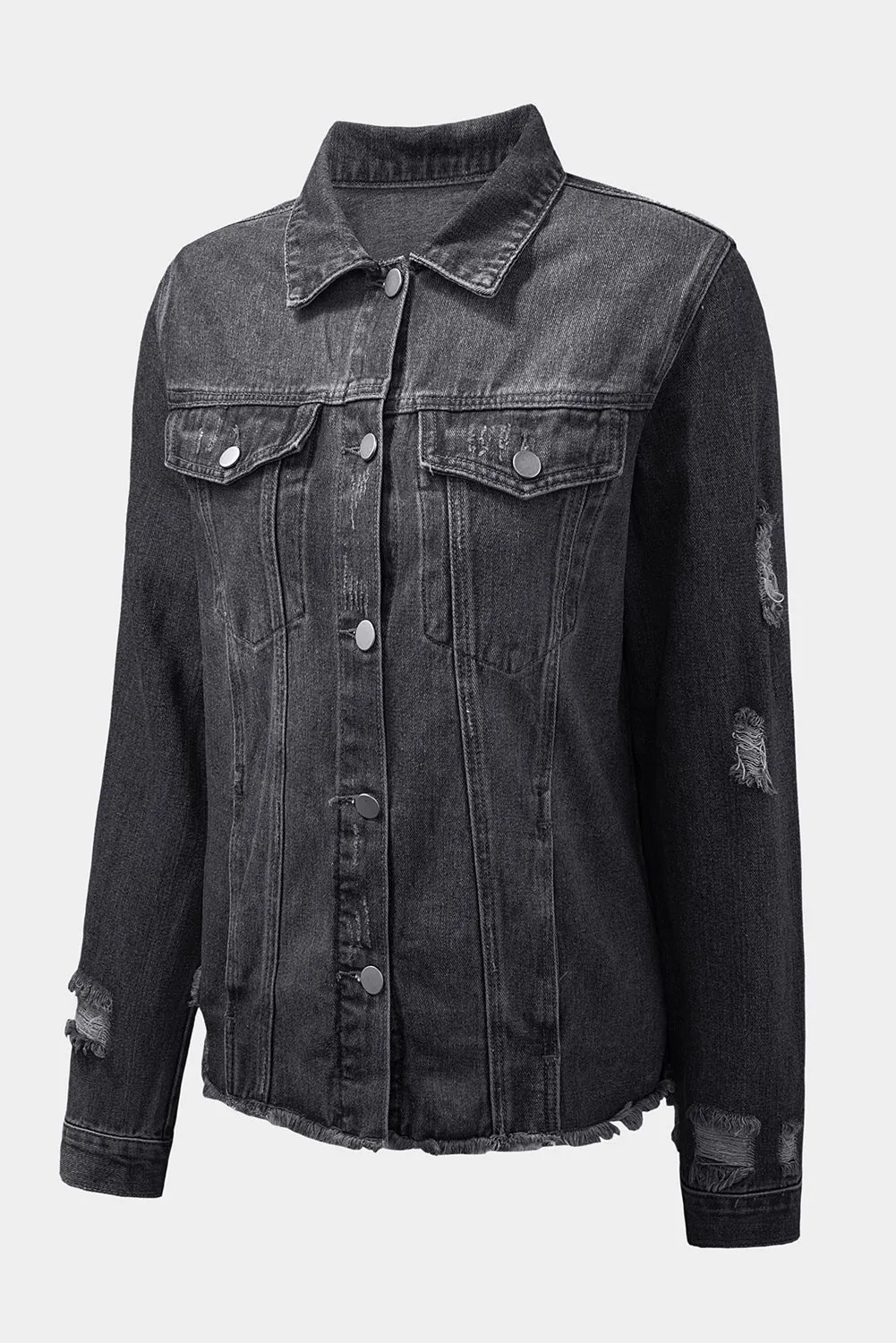 Dark Blue Lapel Distressed Raw Hem Buttons Denim Jacket