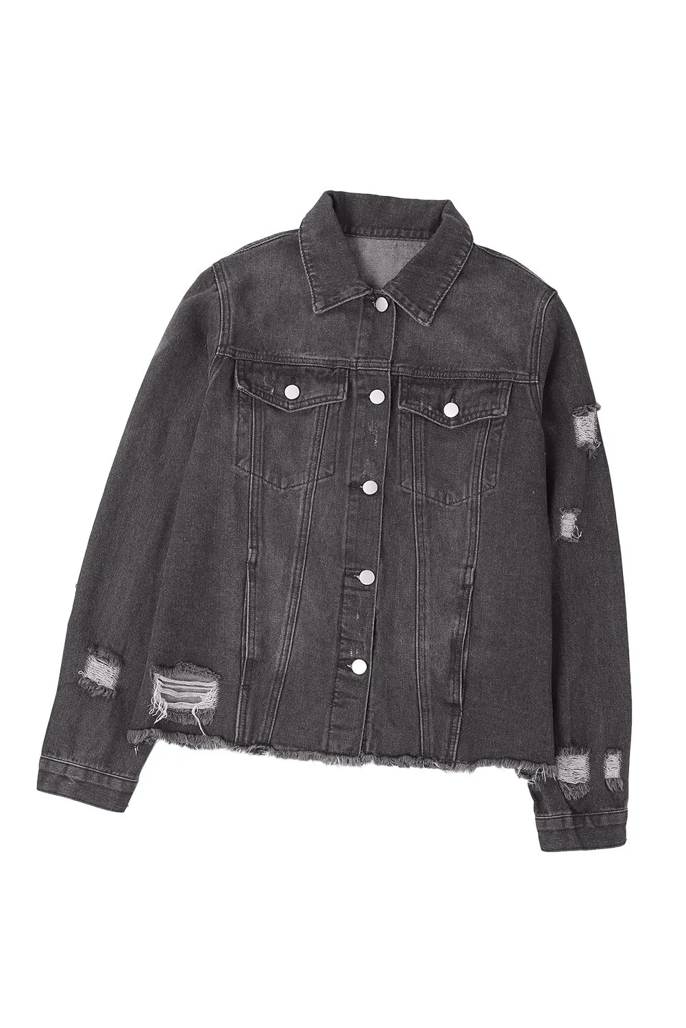 Dark Blue Lapel Distressed Raw Hem Buttons Denim Jacket