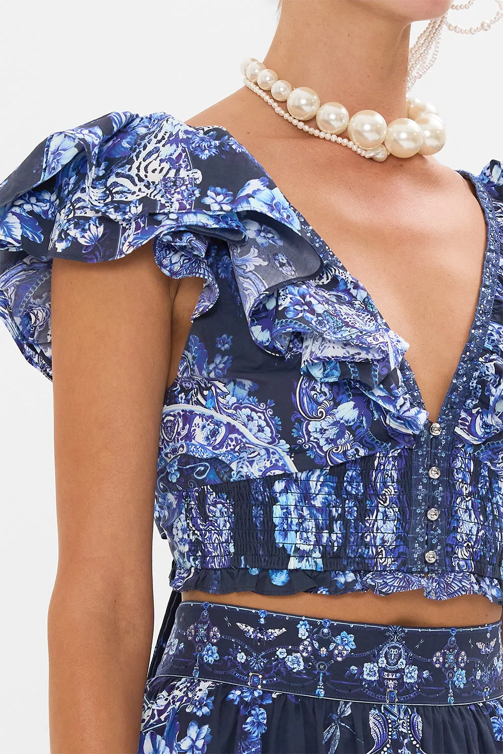 DEEP V FRILL SHORT SLEEVE TOP DELFT DYNASTY