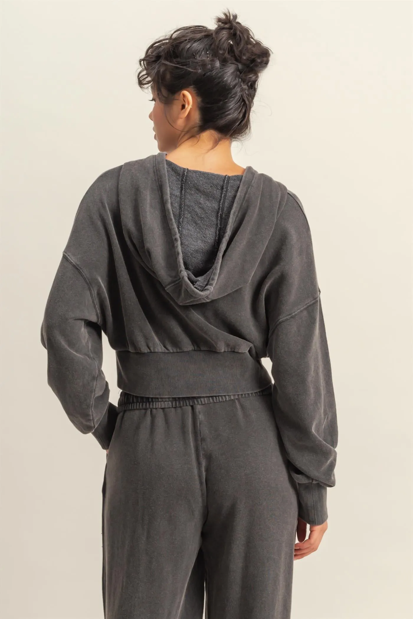 DZ25A427-Long Sleeve Cropped Washed Zip Up Hoodie