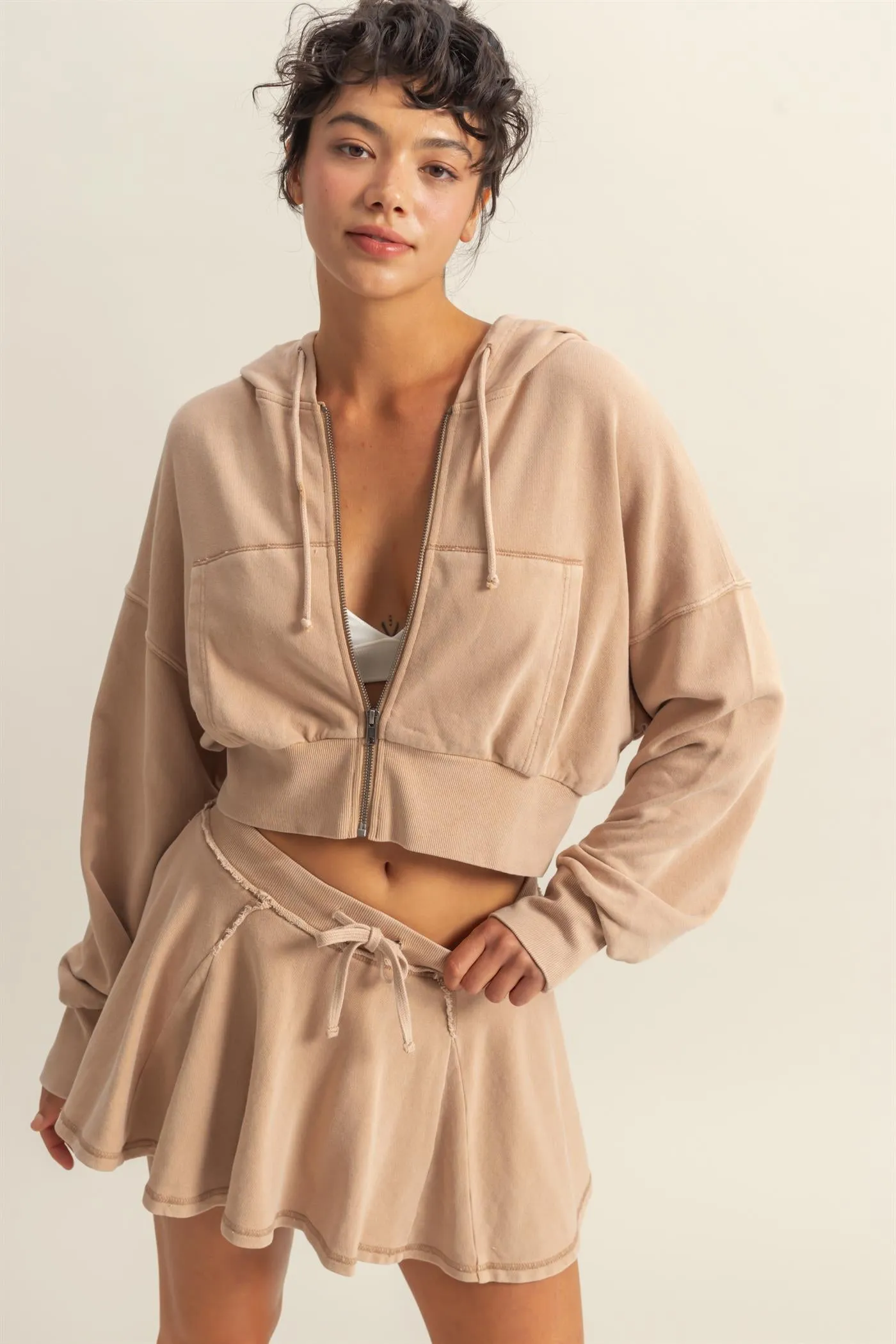 DZ25A427-Long Sleeve Cropped Washed Zip Up Hoodie