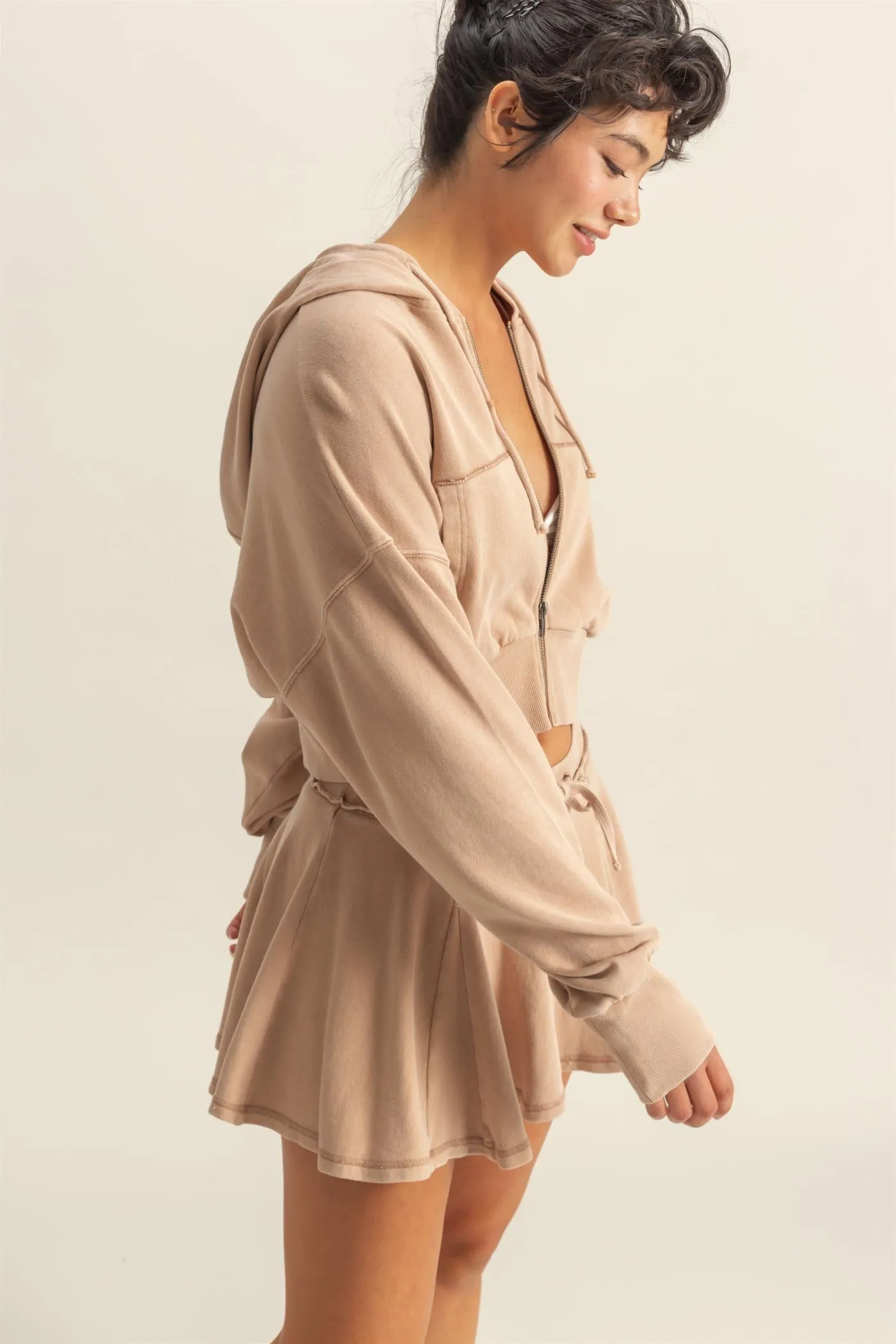 DZ25A427-Long Sleeve Cropped Washed Zip Up Hoodie