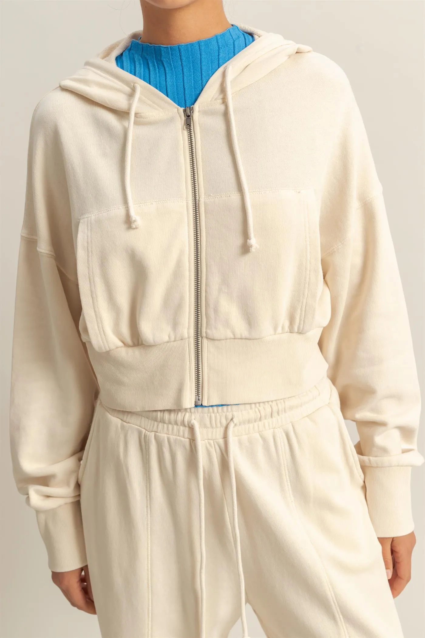 DZ25A427-Long Sleeve Cropped Washed Zip Up Hoodie