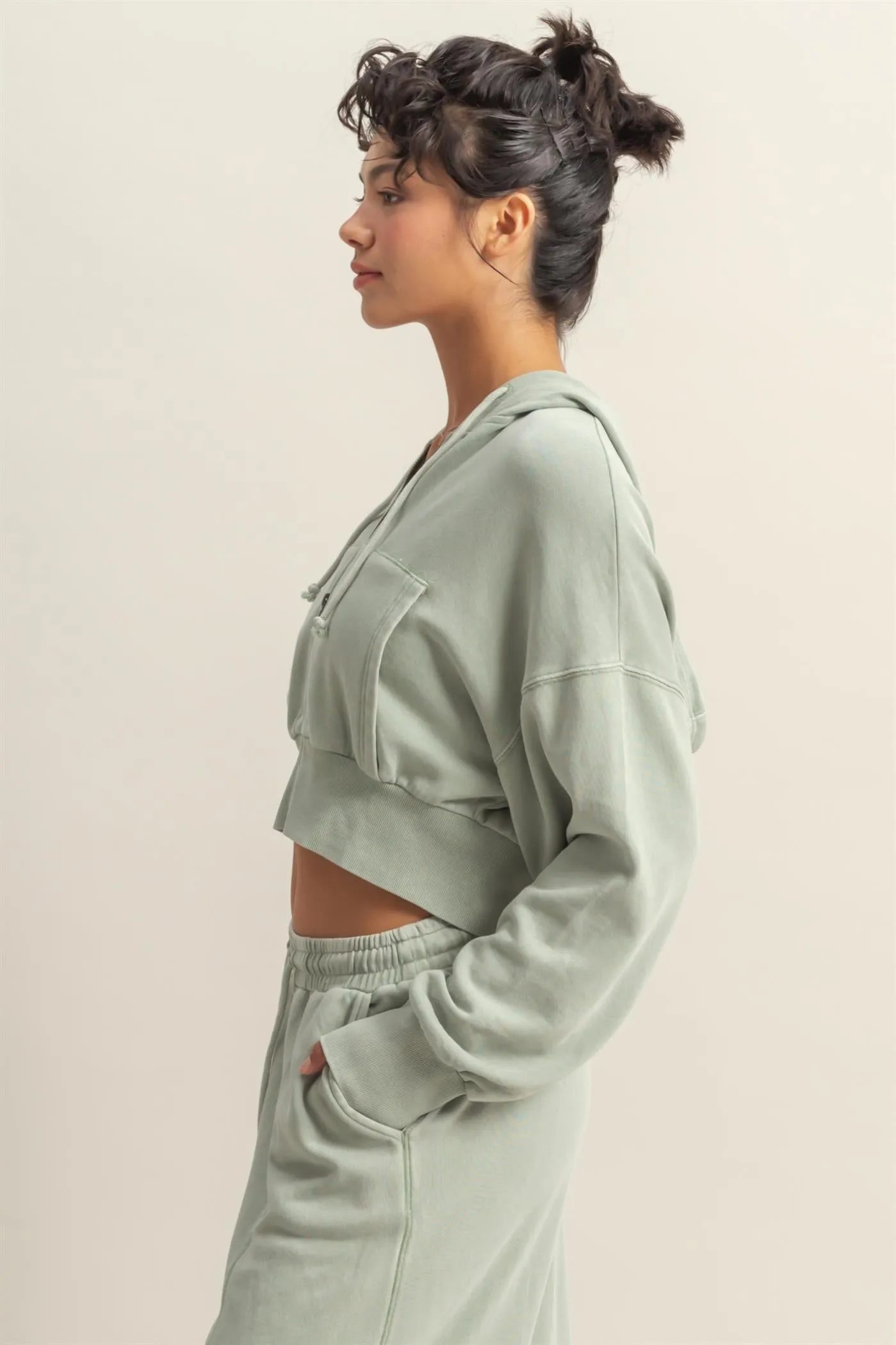 DZ25A427-Long Sleeve Cropped Washed Zip Up Hoodie