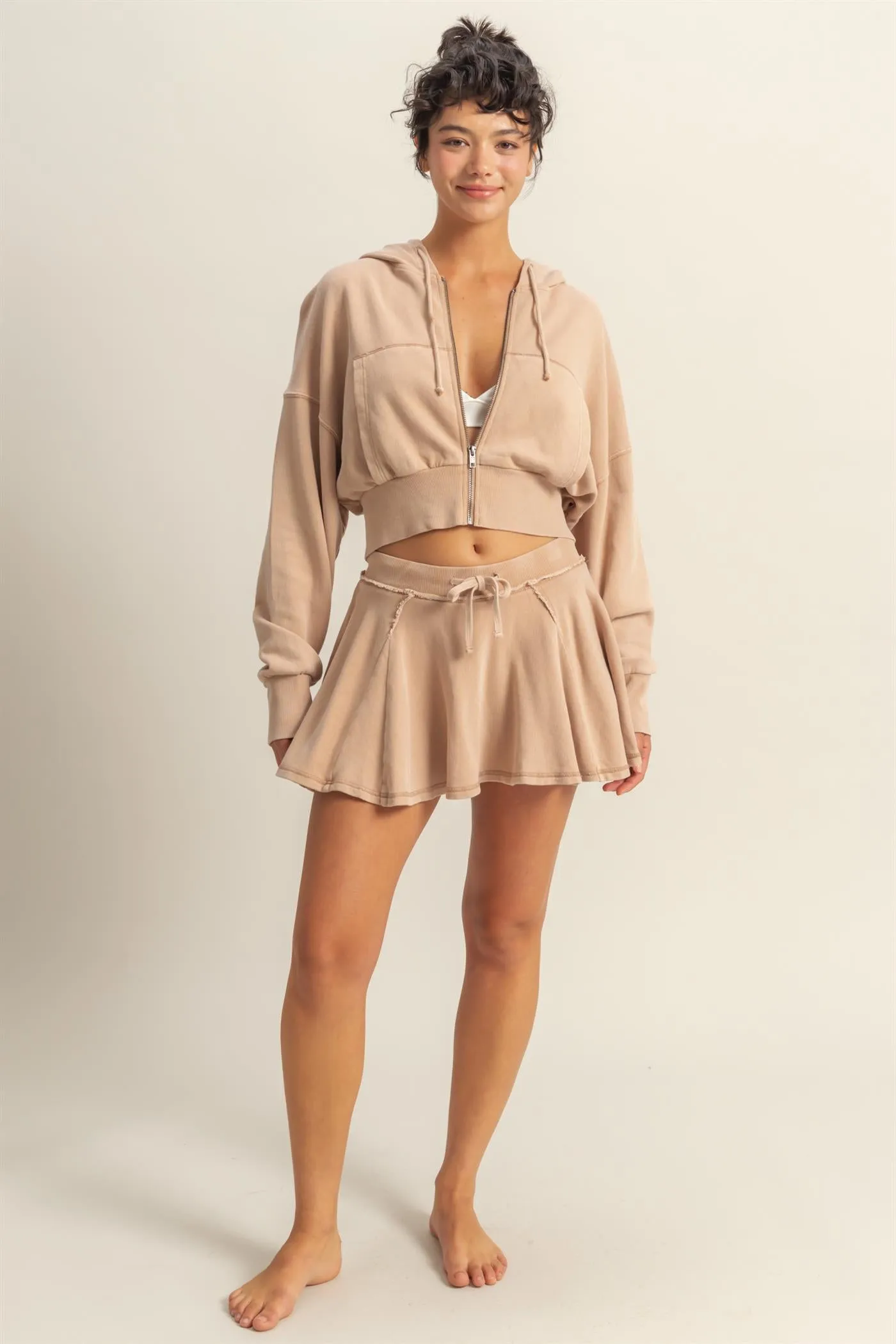 DZ25A427-Long Sleeve Cropped Washed Zip Up Hoodie