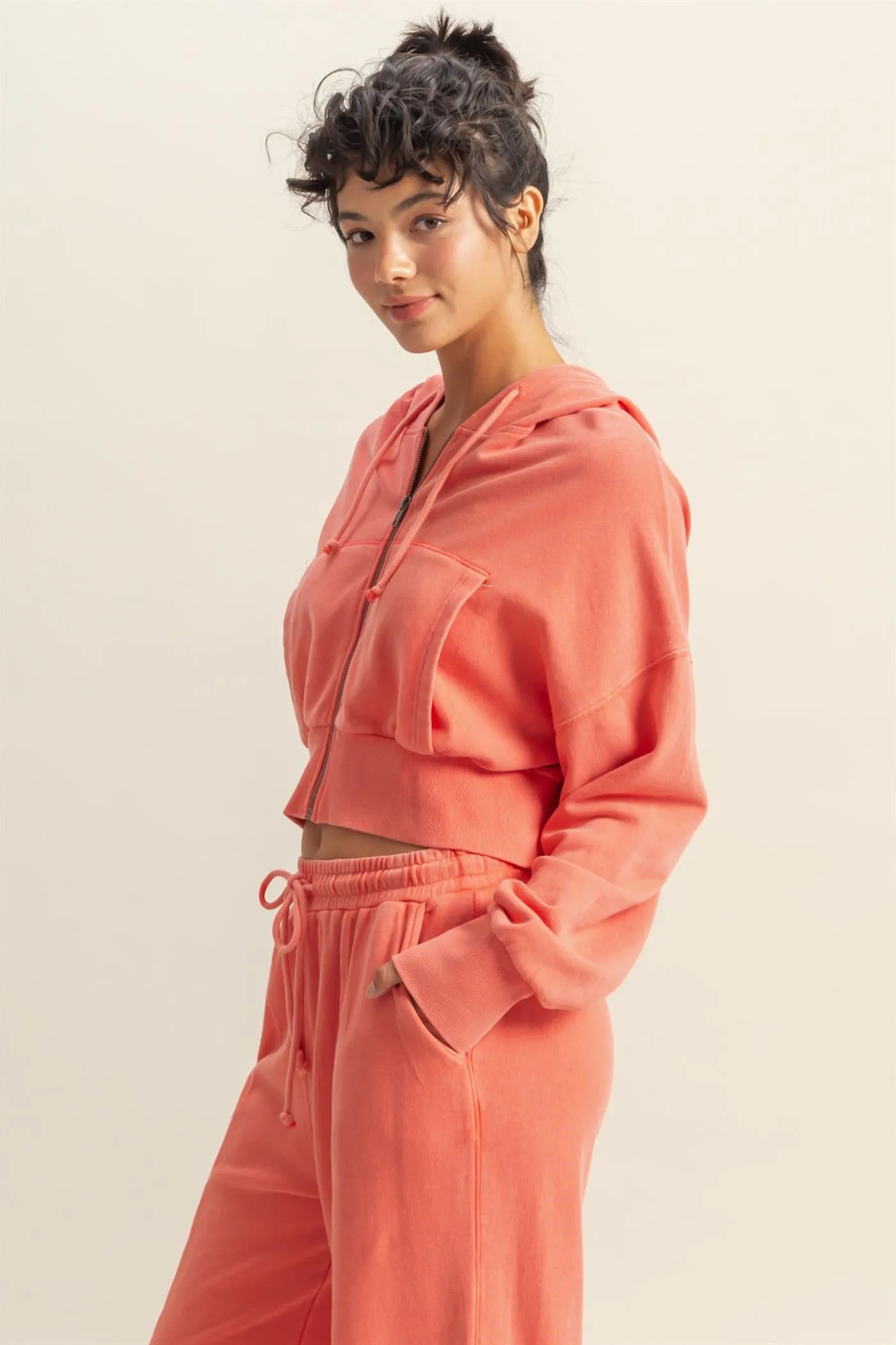 DZ25A427-Long Sleeve Cropped Washed Zip Up Hoodie
