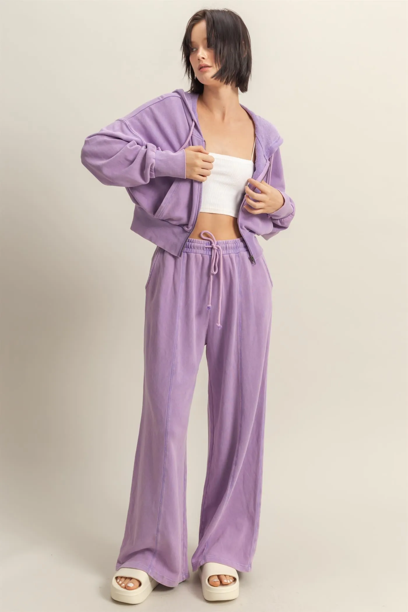 DZ25A427-Long Sleeve Cropped Washed Zip Up Hoodie