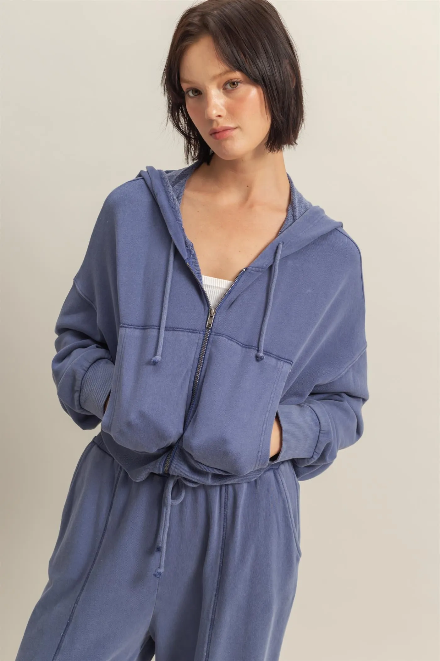 DZ25A427-Long Sleeve Cropped Washed Zip Up Hoodie