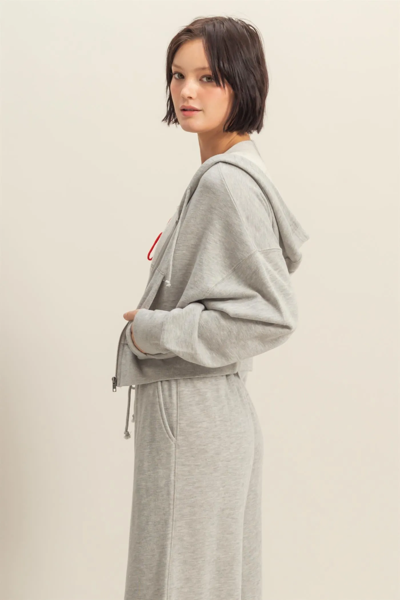 DZ25A427-Long Sleeve Cropped Washed Zip Up Hoodie