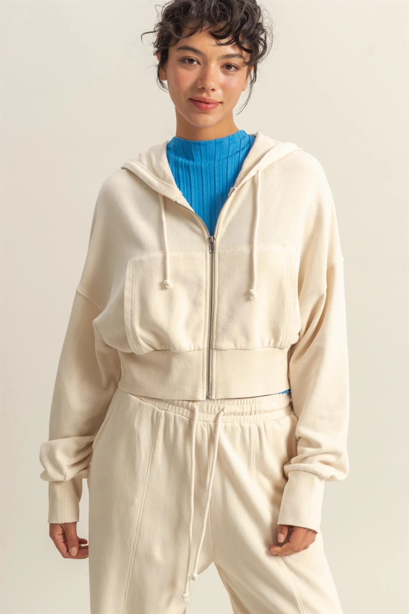 DZ25A427-Long Sleeve Cropped Washed Zip Up Hoodie