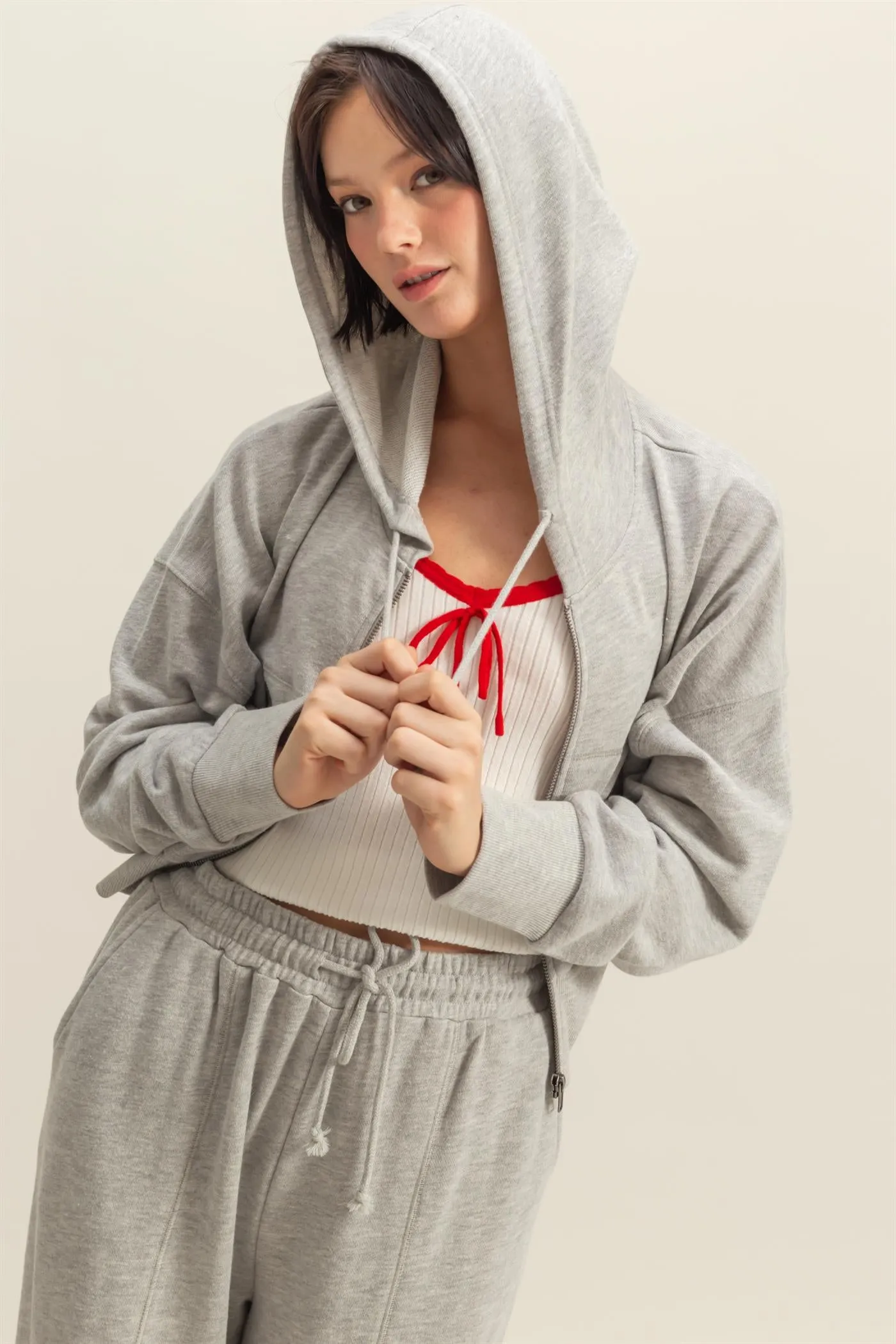 DZ25A427-Long Sleeve Cropped Washed Zip Up Hoodie