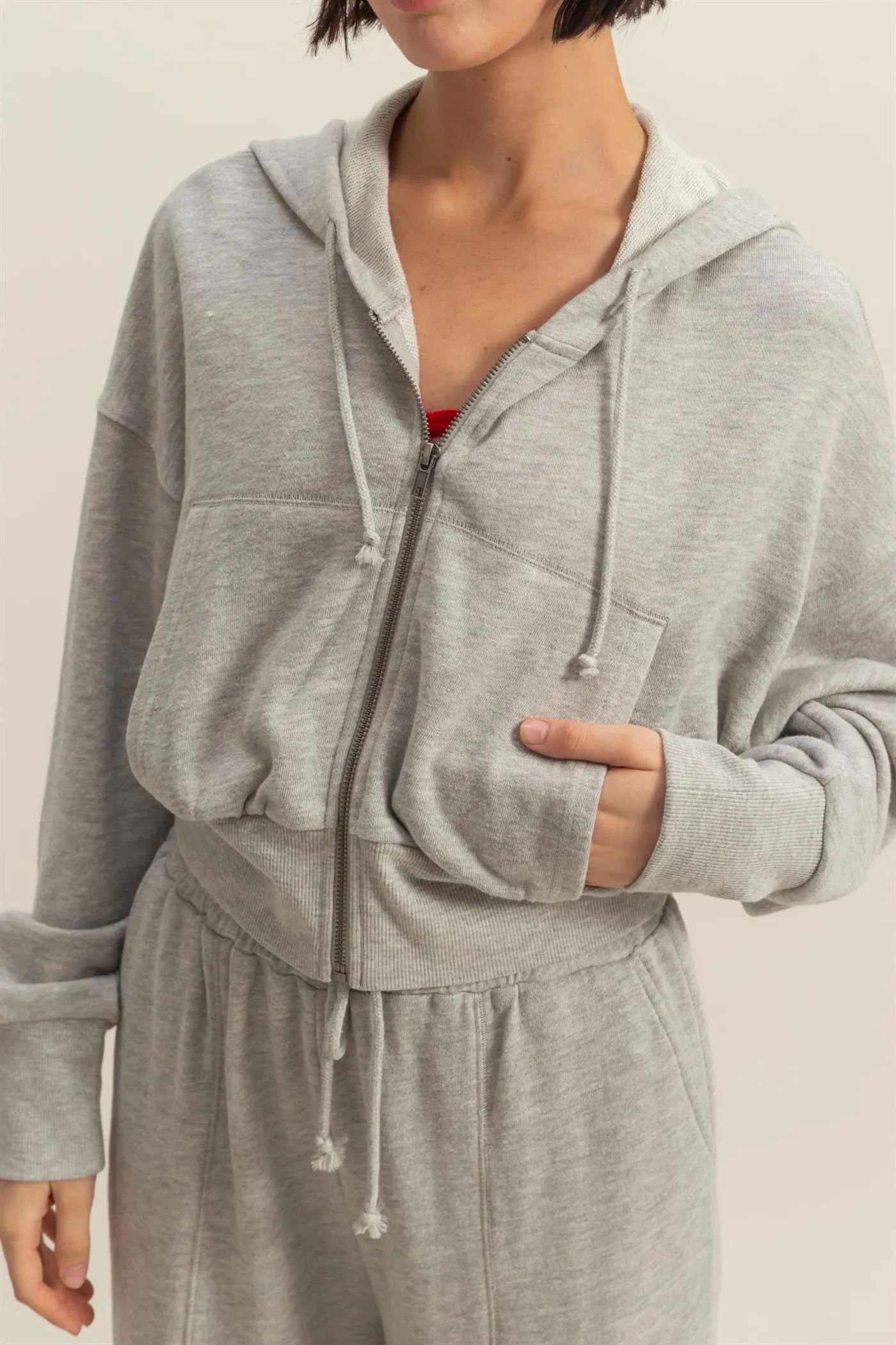 DZ25A427-Long Sleeve Cropped Washed Zip Up Hoodie