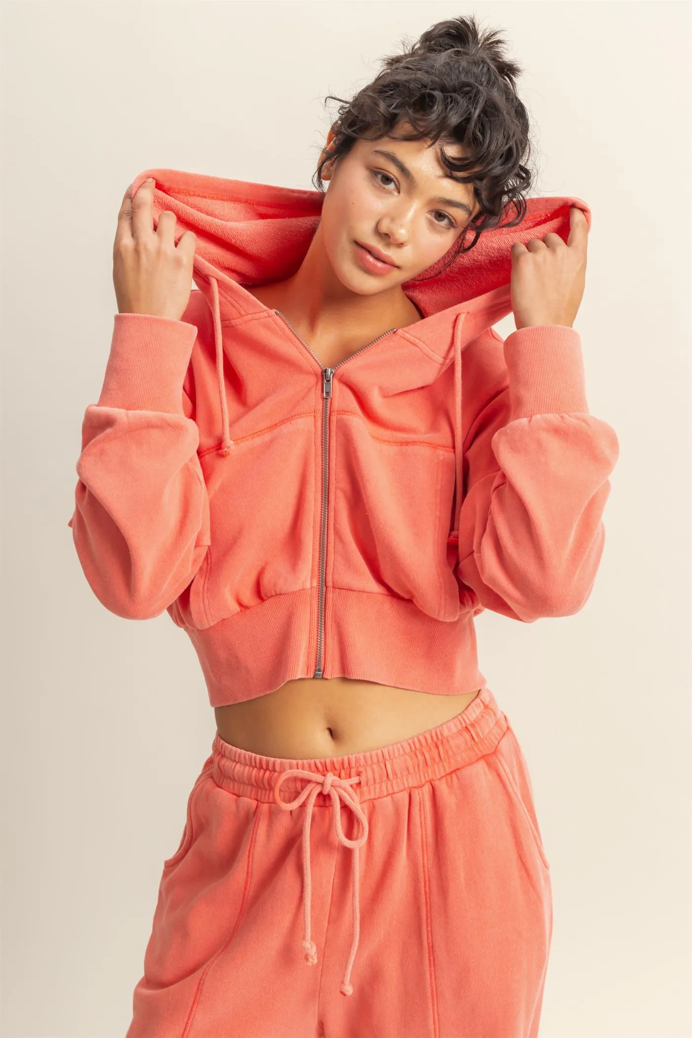 DZ25A427-Long Sleeve Cropped Washed Zip Up Hoodie