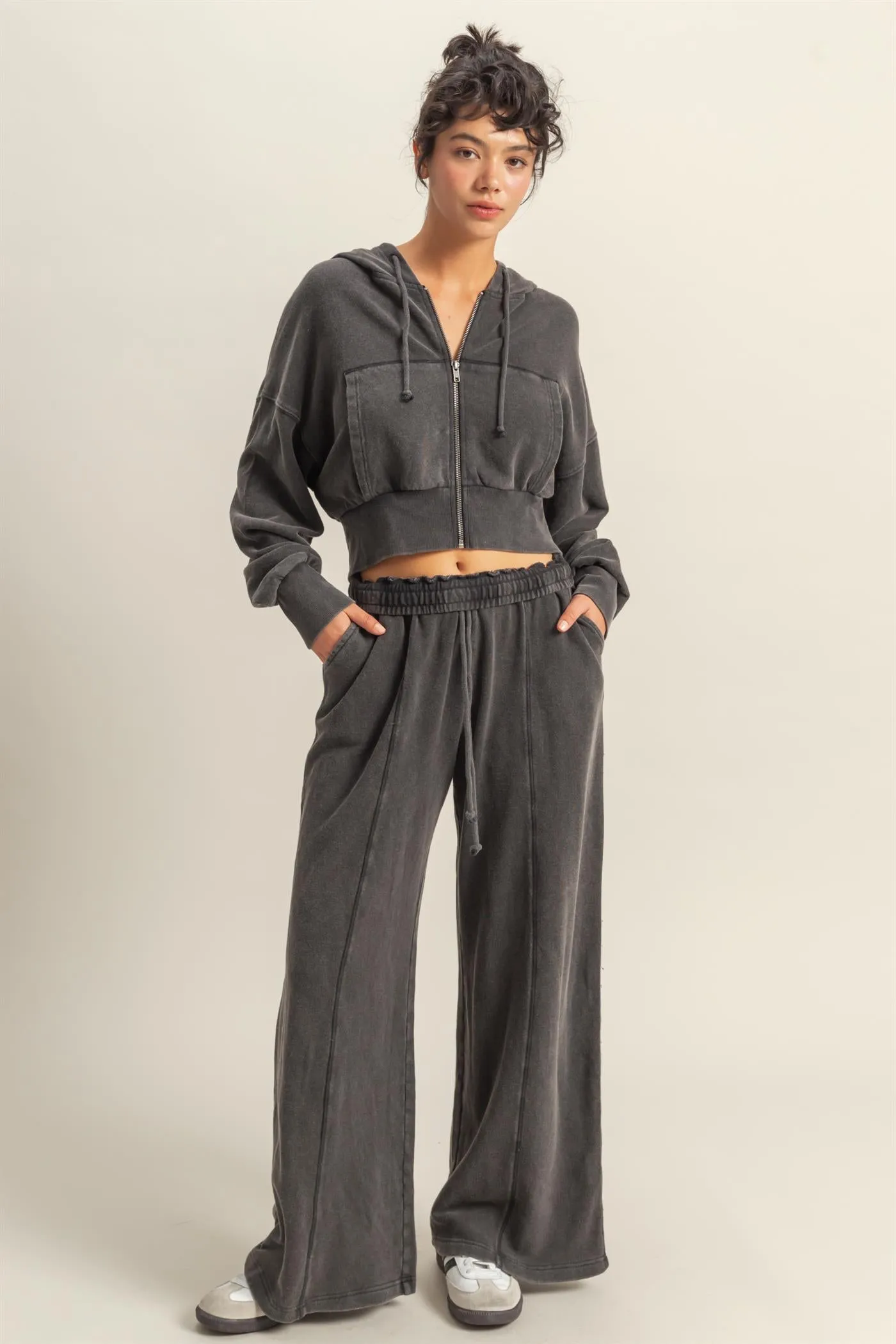 DZ25A427-Long Sleeve Cropped Washed Zip Up Hoodie