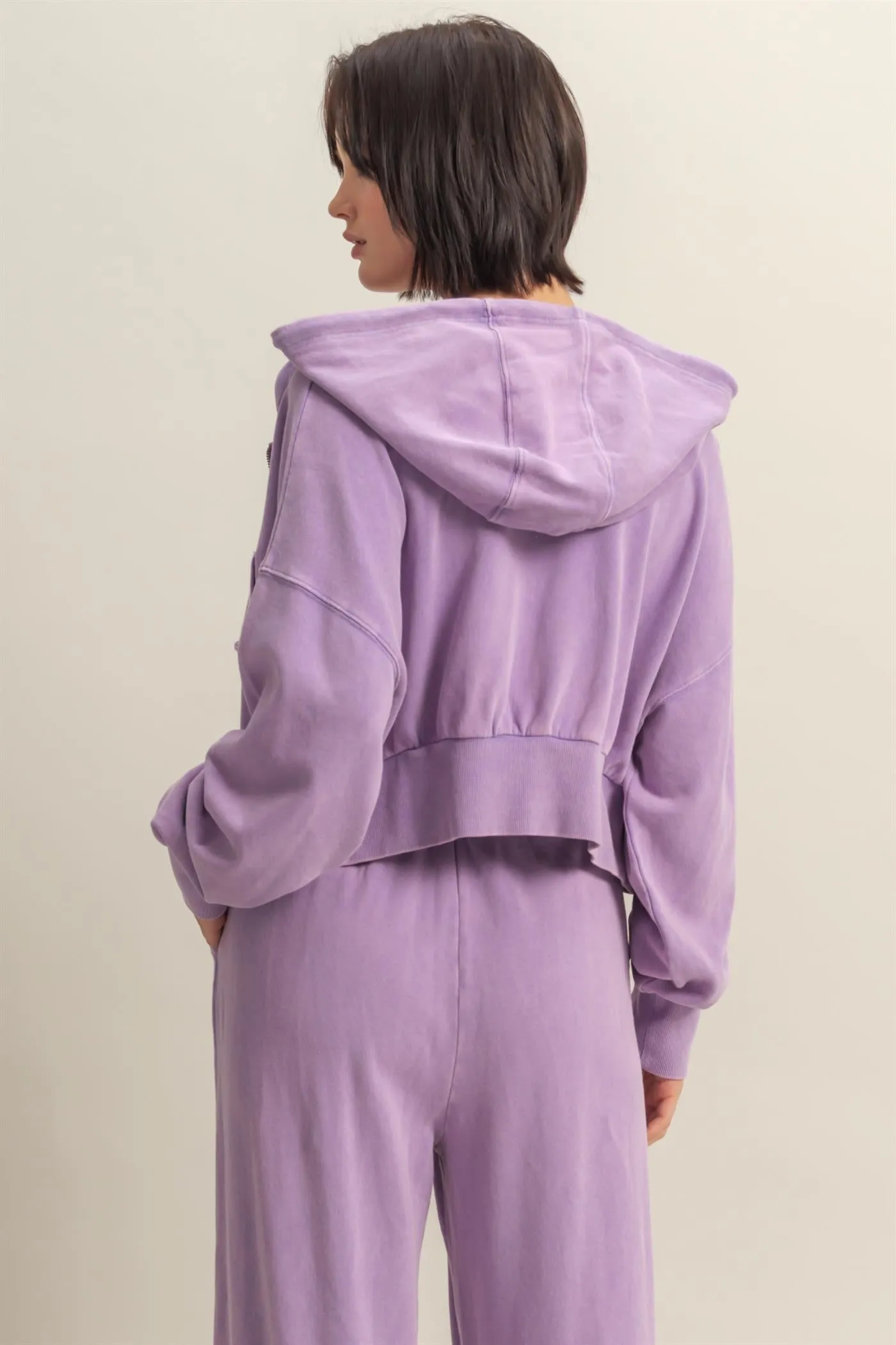 DZ25A427-Long Sleeve Cropped Washed Zip Up Hoodie