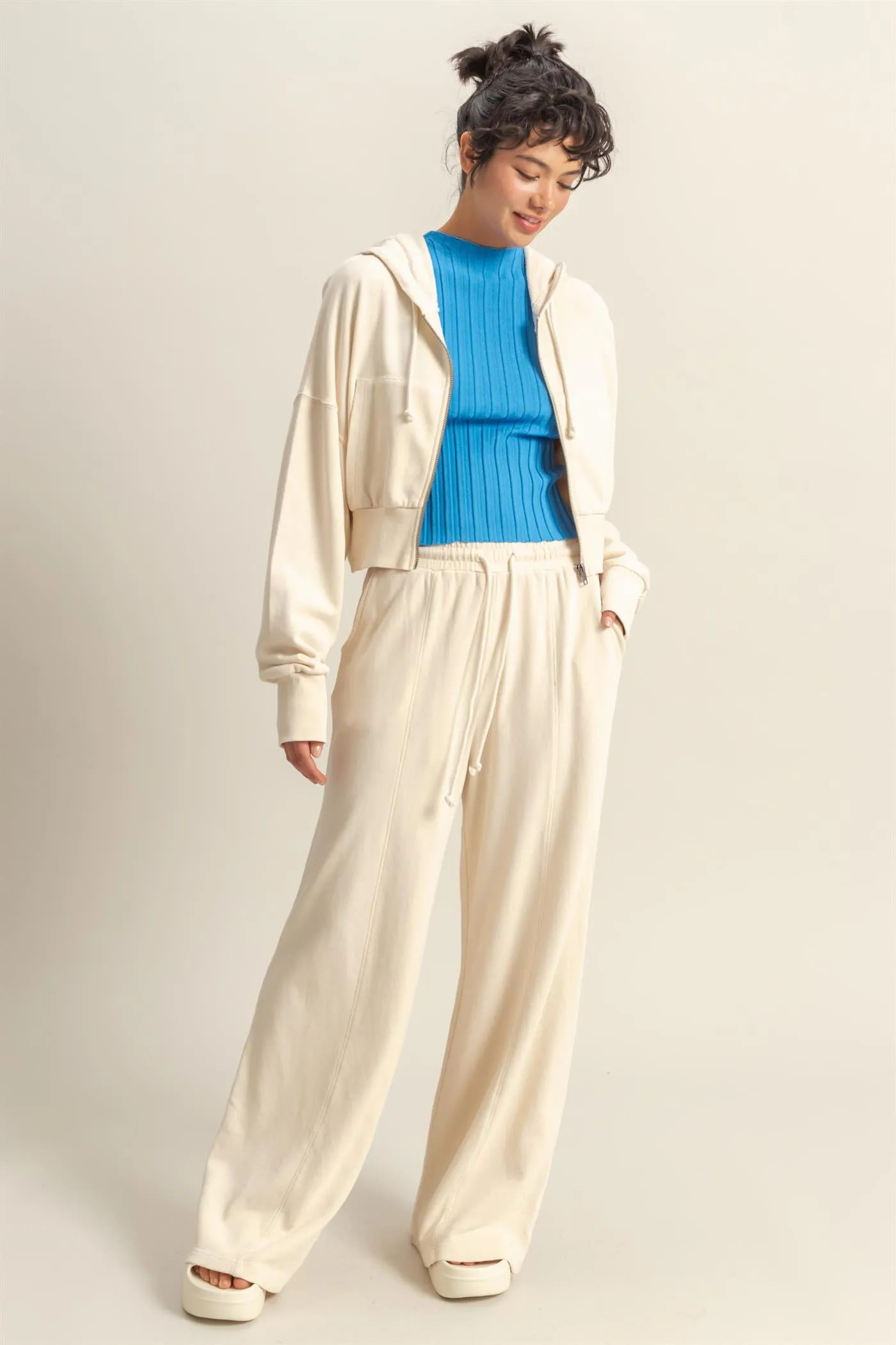 DZ25A427-Long Sleeve Cropped Washed Zip Up Hoodie