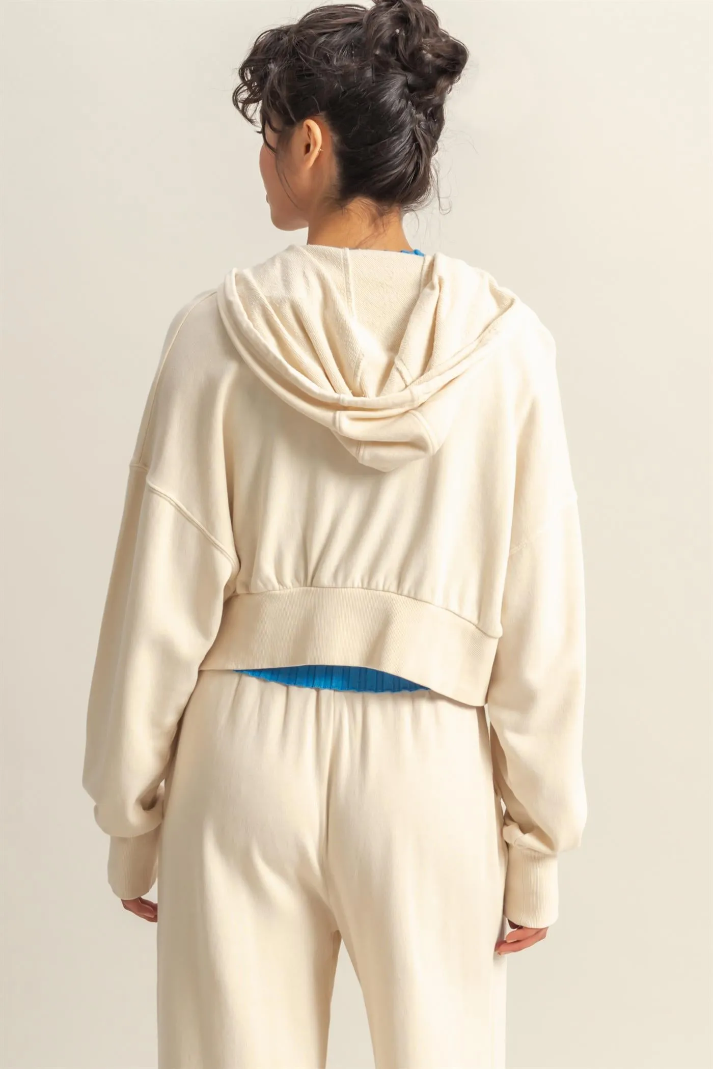 DZ25A427-Long Sleeve Cropped Washed Zip Up Hoodie