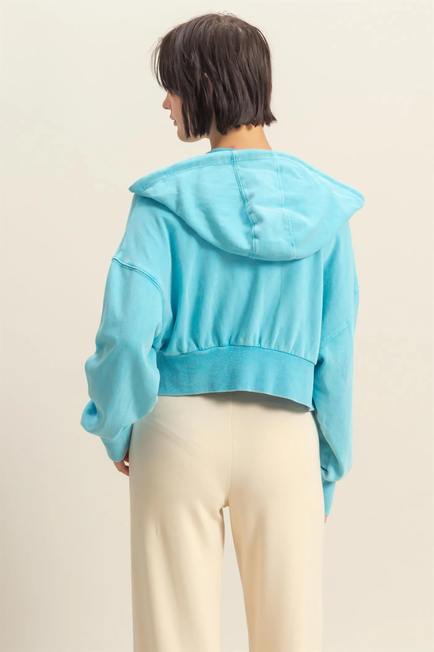 DZ25A427-Long Sleeve Cropped Washed Zip Up Hoodie