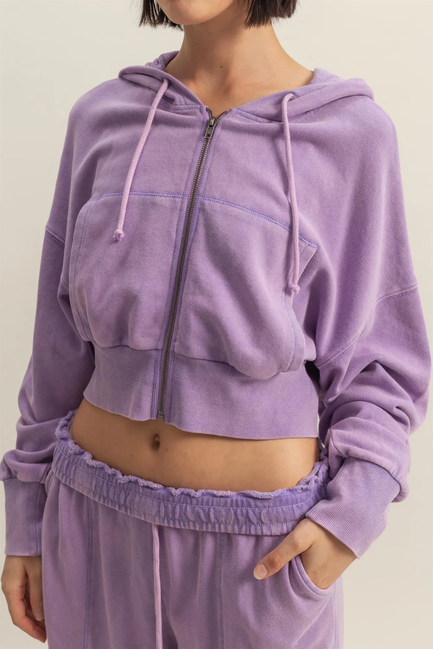 DZ25A427-Long Sleeve Cropped Washed Zip Up Hoodie