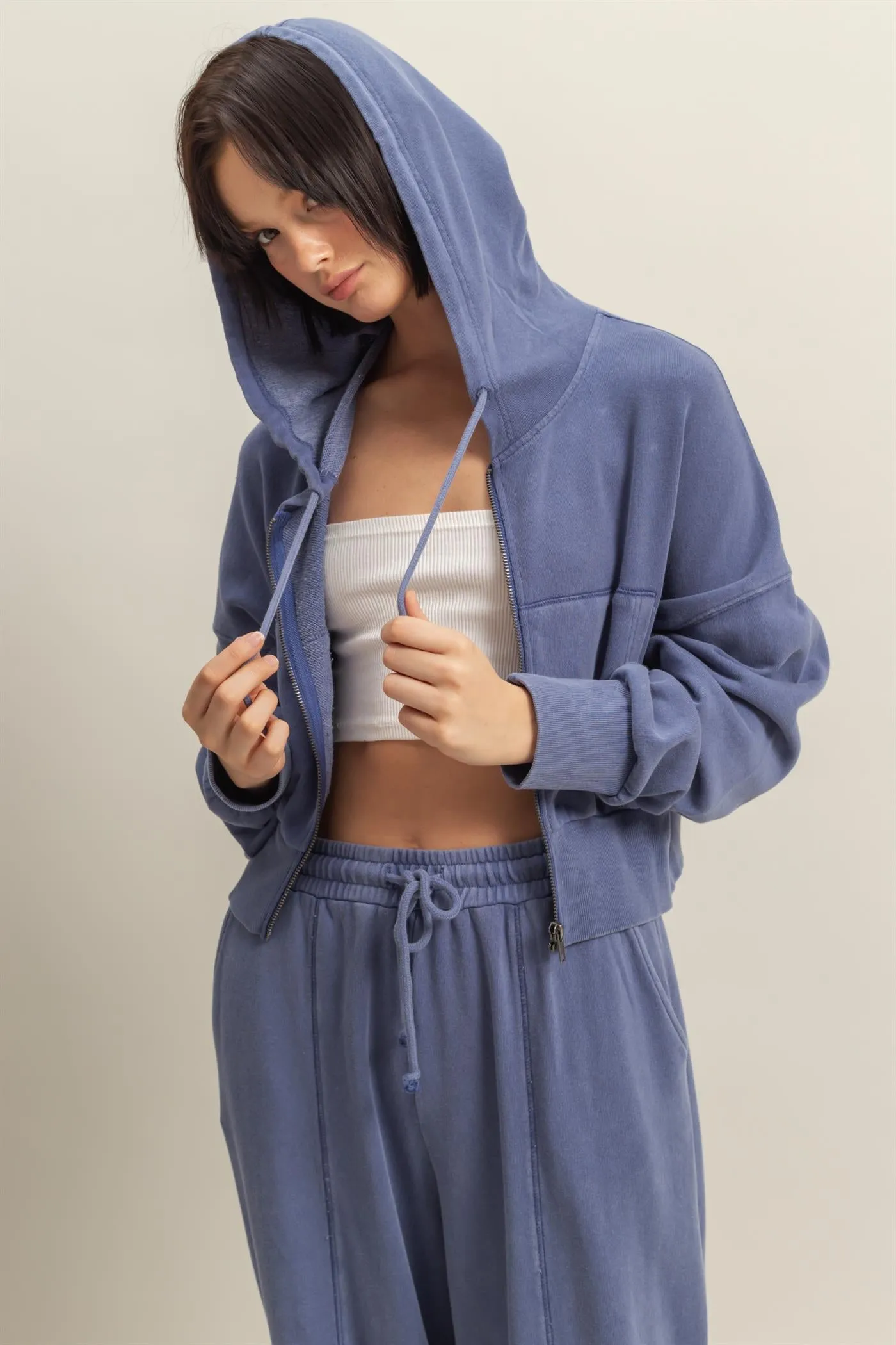 DZ25A427-Long Sleeve Cropped Washed Zip Up Hoodie