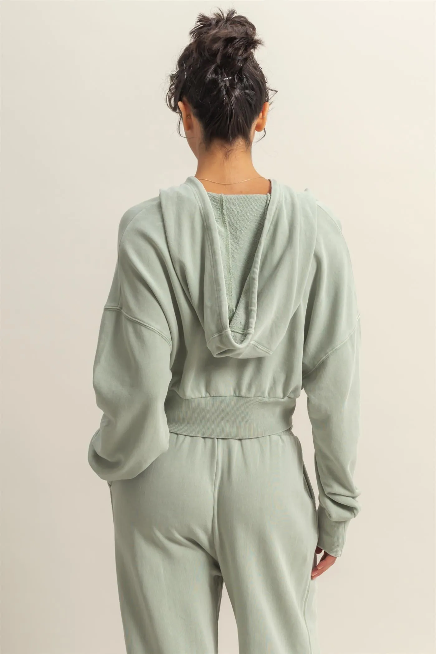 DZ25A427-Long Sleeve Cropped Washed Zip Up Hoodie