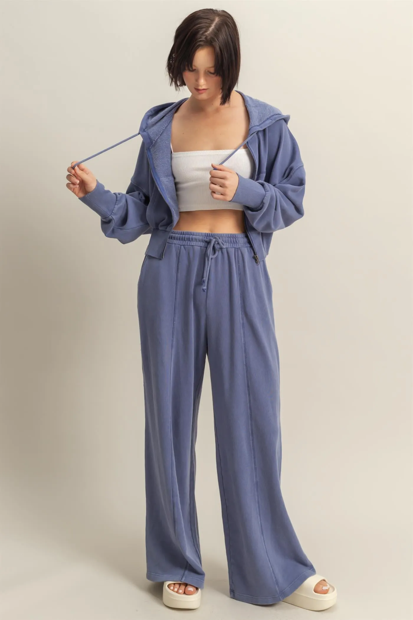 DZ25A427-Long Sleeve Cropped Washed Zip Up Hoodie