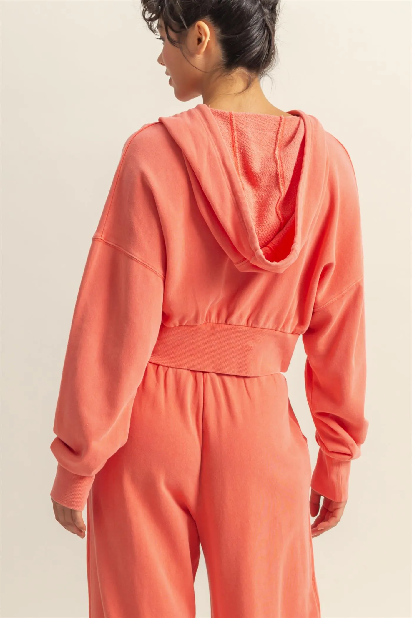 DZ25A427-Long Sleeve Cropped Washed Zip Up Hoodie