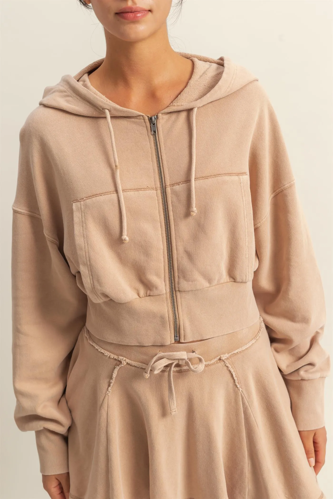 DZ25A427-Long Sleeve Cropped Washed Zip Up Hoodie