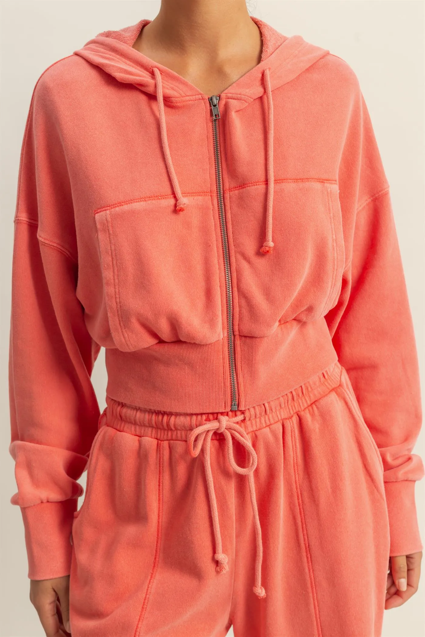DZ25A427-Long Sleeve Cropped Washed Zip Up Hoodie