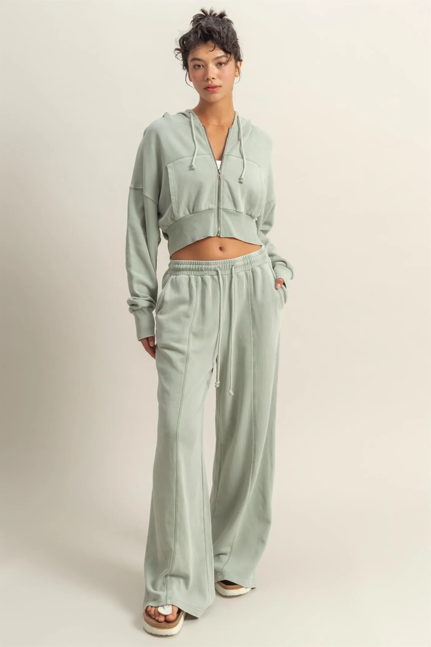 DZ25A427-Long Sleeve Cropped Washed Zip Up Hoodie