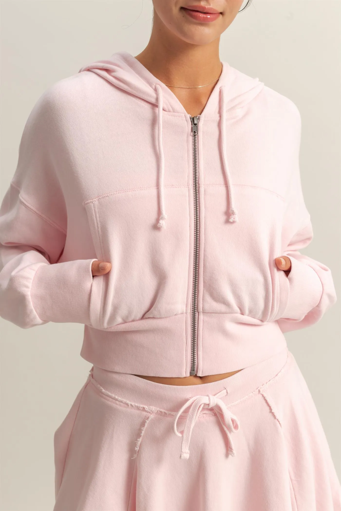 DZ25A427-Long Sleeve Cropped Washed Zip Up Hoodie