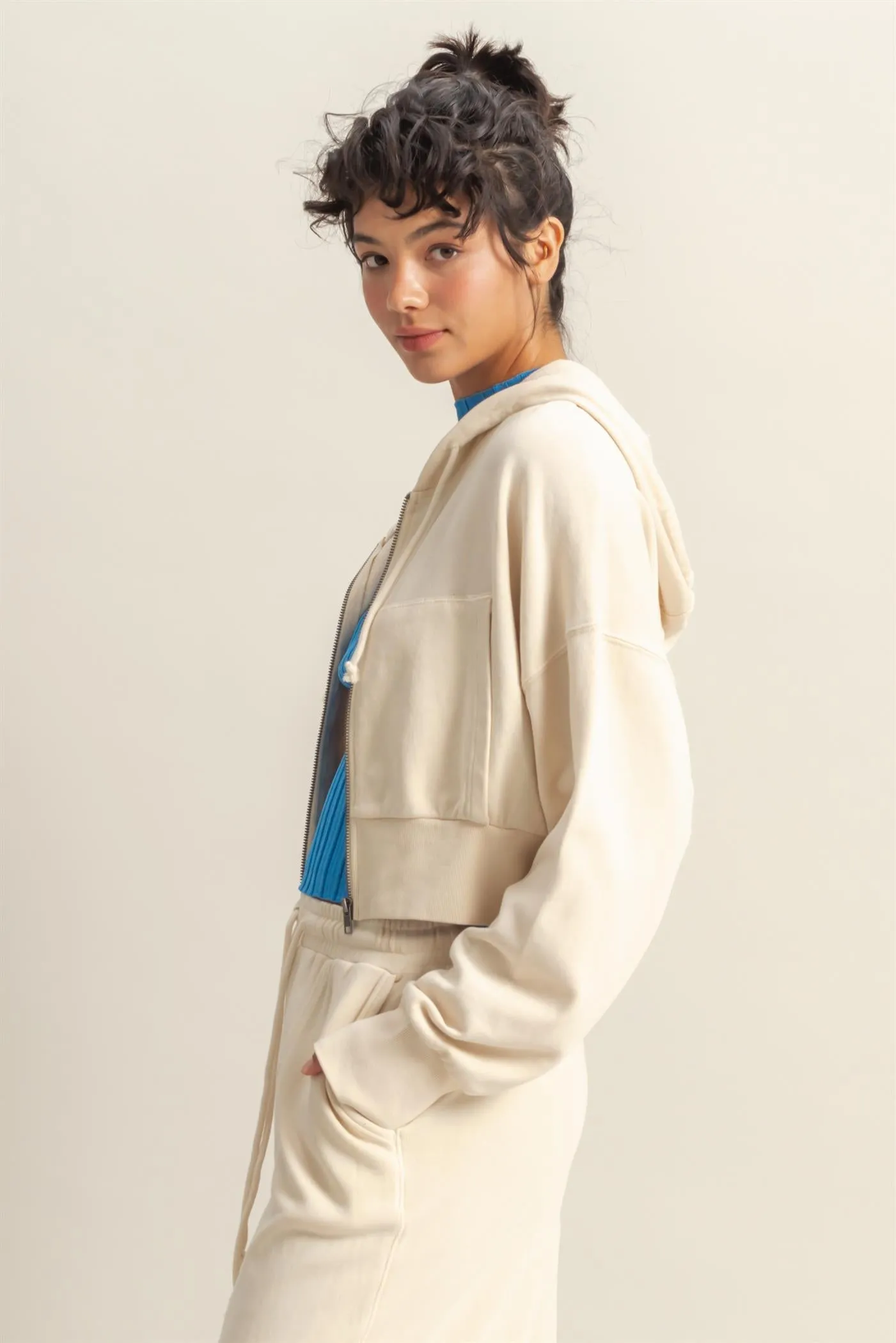 DZ25A427-Long Sleeve Cropped Washed Zip Up Hoodie