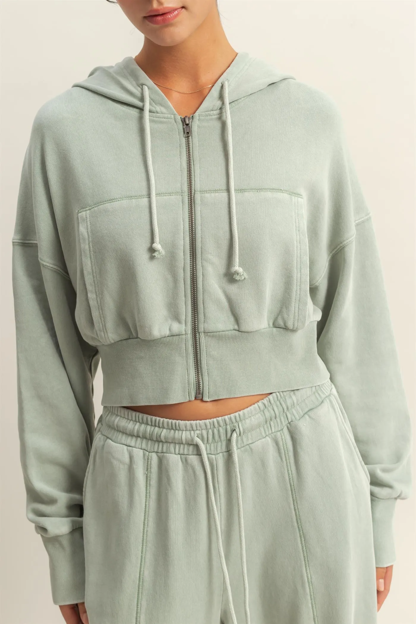 DZ25A427-Long Sleeve Cropped Washed Zip Up Hoodie
