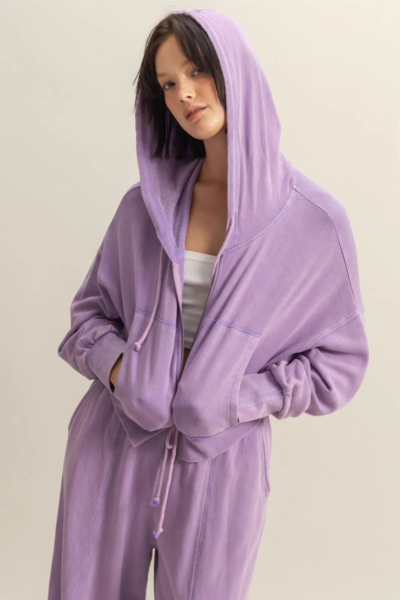 DZ25A427-Long Sleeve Cropped Washed Zip Up Hoodie