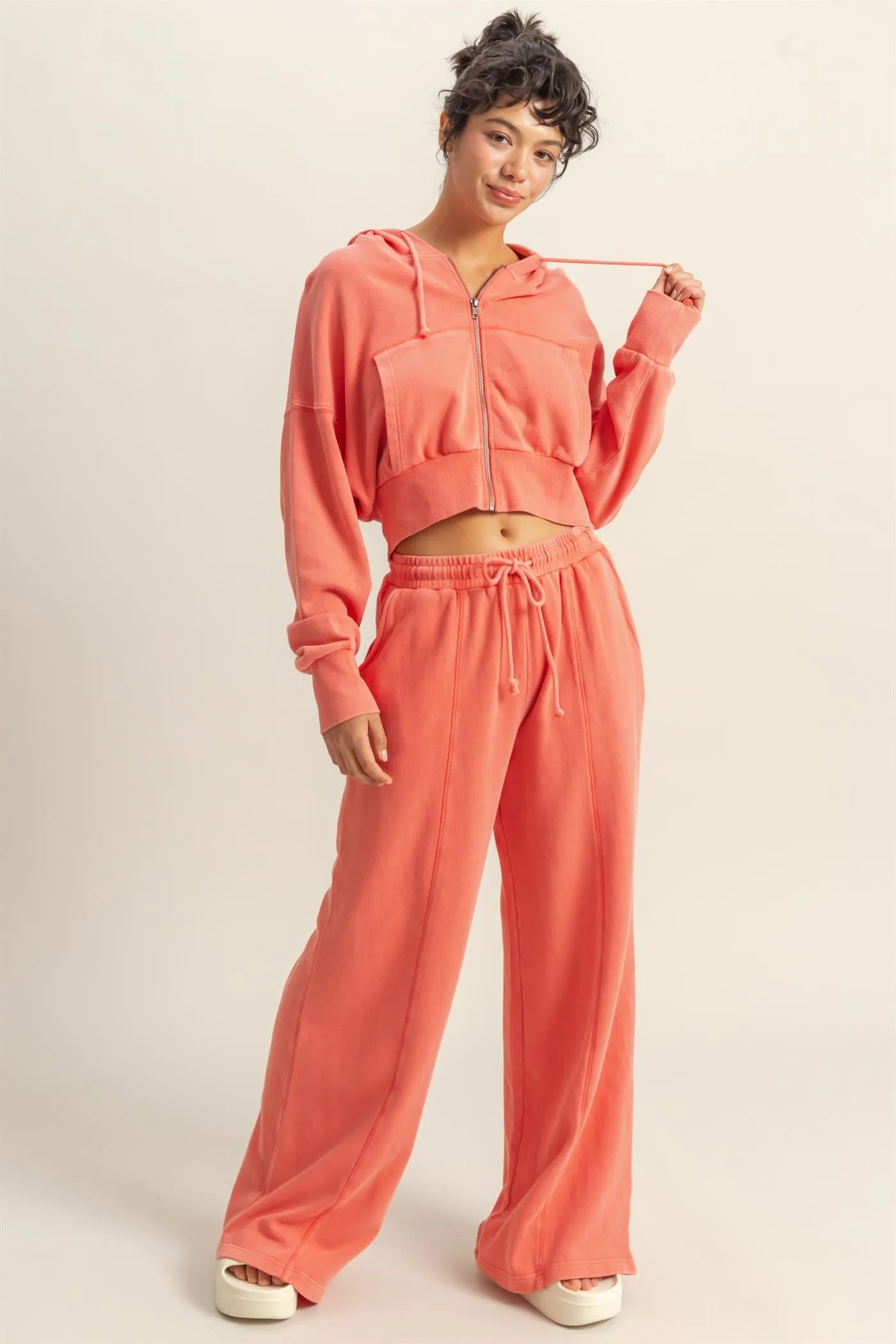 DZ25A427-Long Sleeve Cropped Washed Zip Up Hoodie