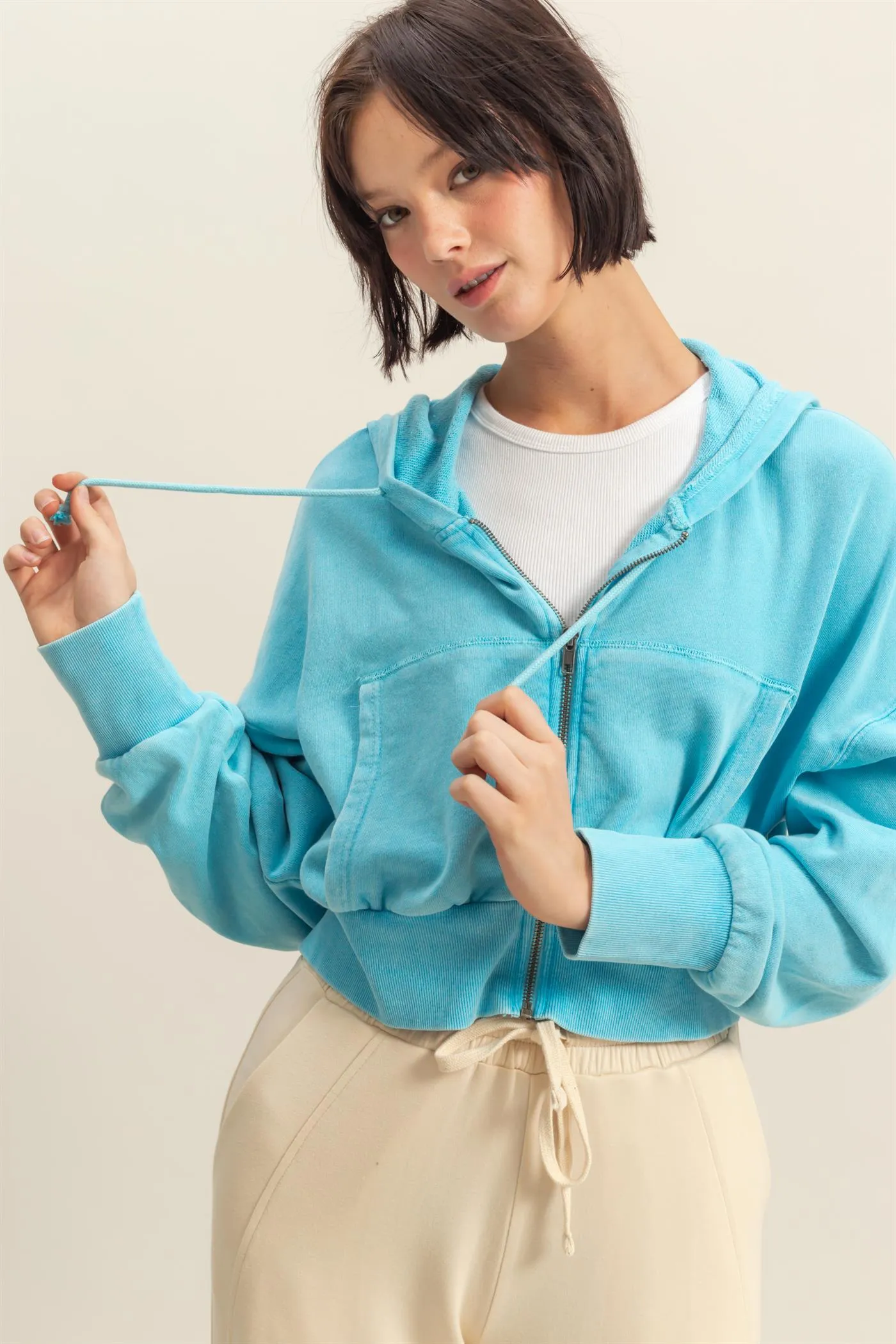 DZ25A427-Long Sleeve Cropped Washed Zip Up Hoodie