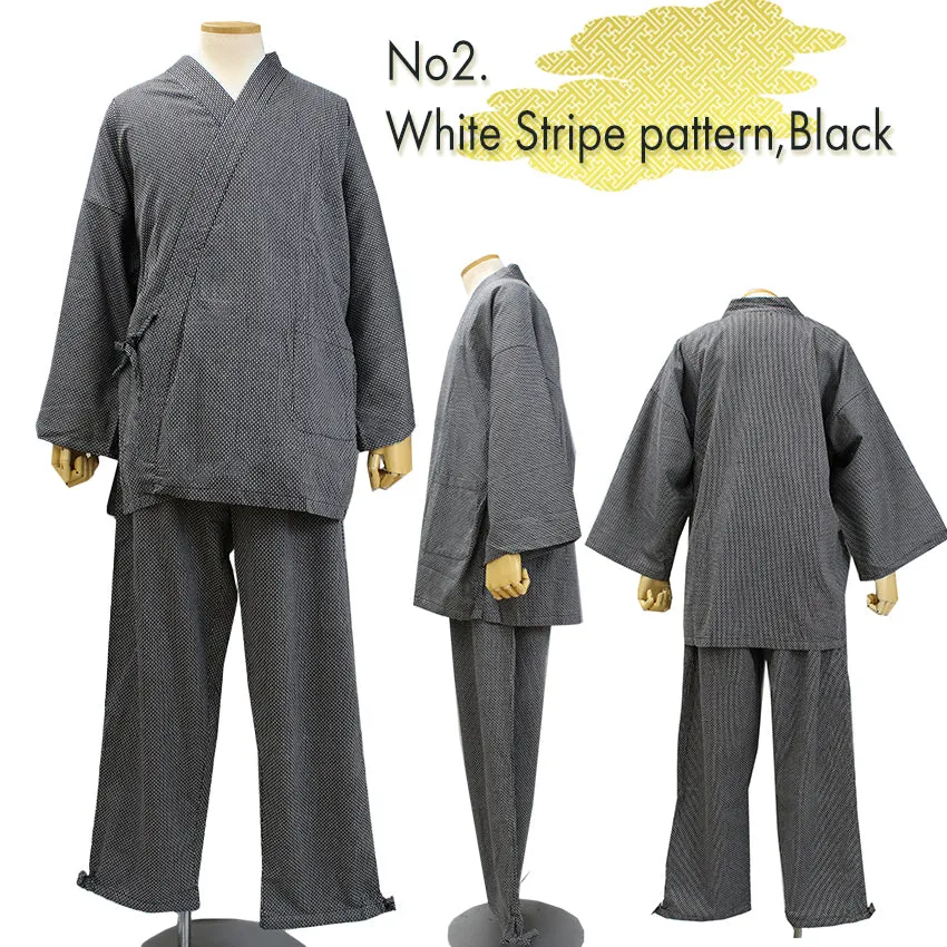 Men's Samue Jacket and Pants, Japanese Kimono Longewear - Sashiko Weave, Black