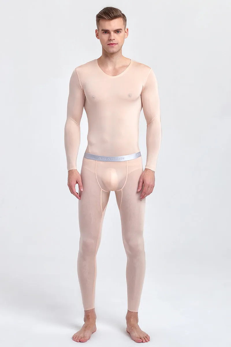 Men'S Ultra-Thin Ice Silk Seamless Autumn Clothes Nine-Point Suit Sexy Half-Through Underpants