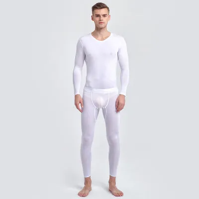 Men'S Ultra-Thin Ice Silk Seamless Autumn Clothes Nine-Point Suit Sexy Half-Through Underpants