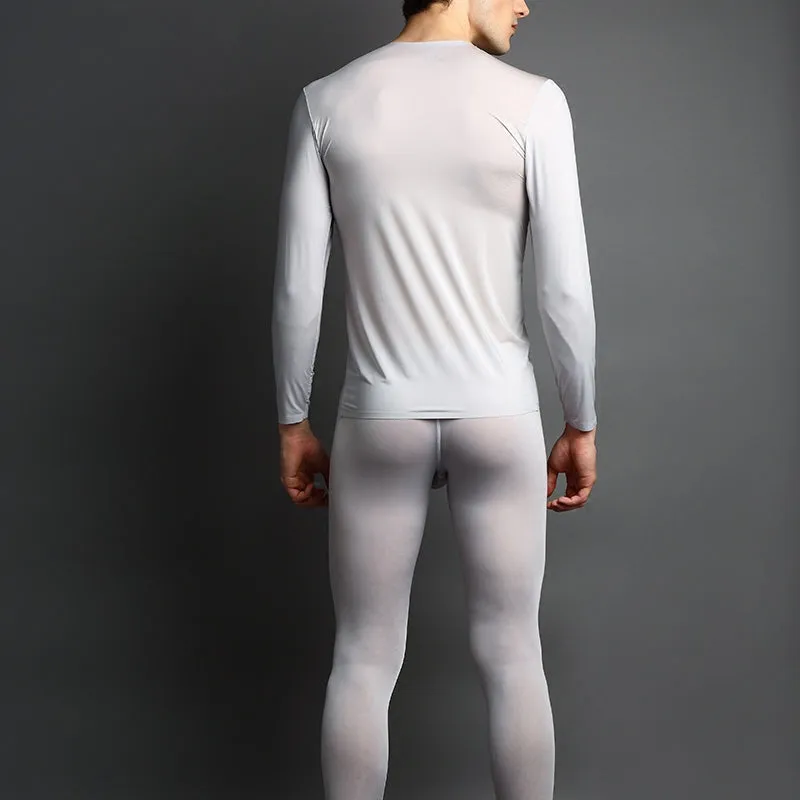 Men'S Ultra-Thin Ice Silk Seamless Autumn Clothes Nine-Point Suit Sexy Half-Through Underpants