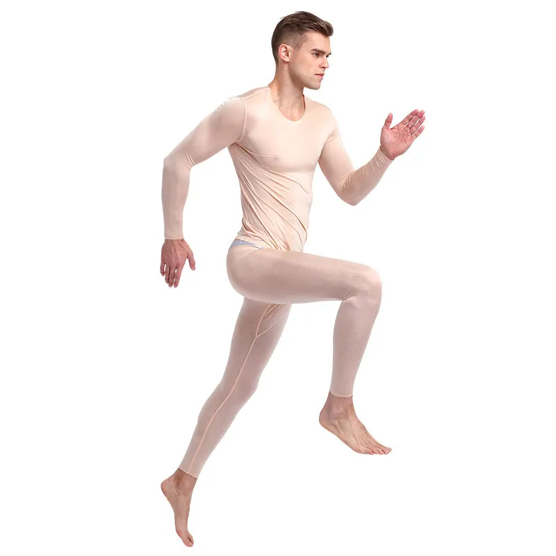 Men'S Ultra-Thin Ice Silk Seamless Autumn Clothes Nine-Point Suit Sexy Half-Through Underpants