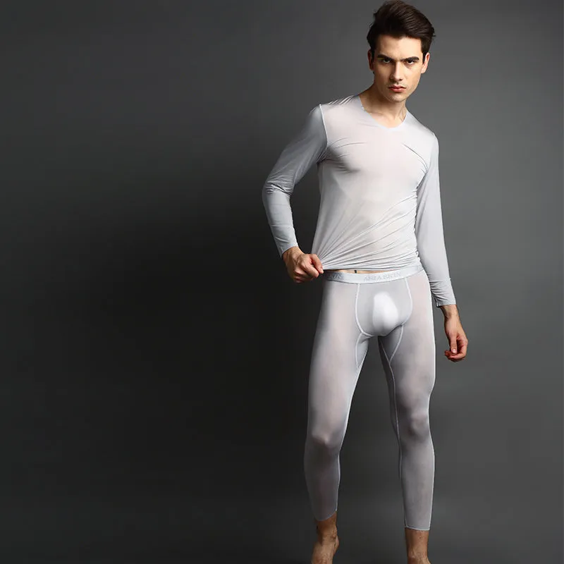 Men'S Ultra-Thin Ice Silk Seamless Autumn Clothes Nine-Point Suit Sexy Half-Through Underpants