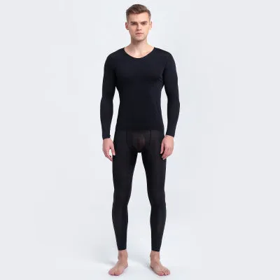 Men'S Ultra-Thin Ice Silk Seamless Autumn Clothes Nine-Point Suit Sexy Half-Through Underpants