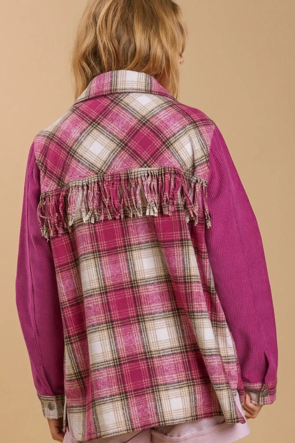 Twill Button Down Fringe Back Detail Shacket with Chest Pockets