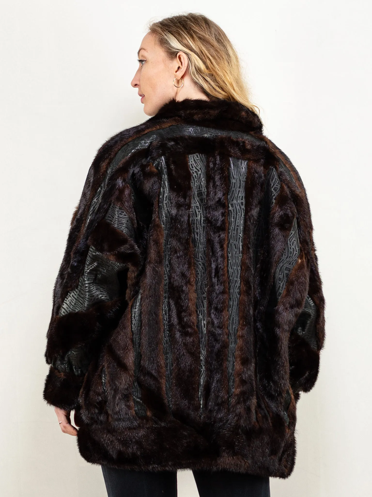 Vintage 80's Women Fur and Leather Coat in Black and Brown